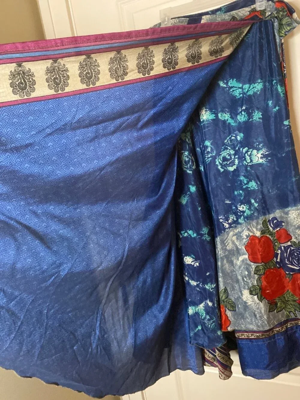 Reversible Sari Silk Magic Wrap Skirt Blue Boho Festival Hippie Maxi India OS